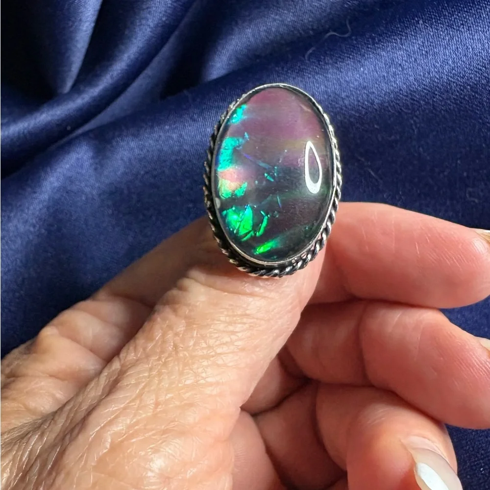 😎🌺Ring Dichroic Glass Stone Silver Blue Green Flash Statement - Picture 4 of 9